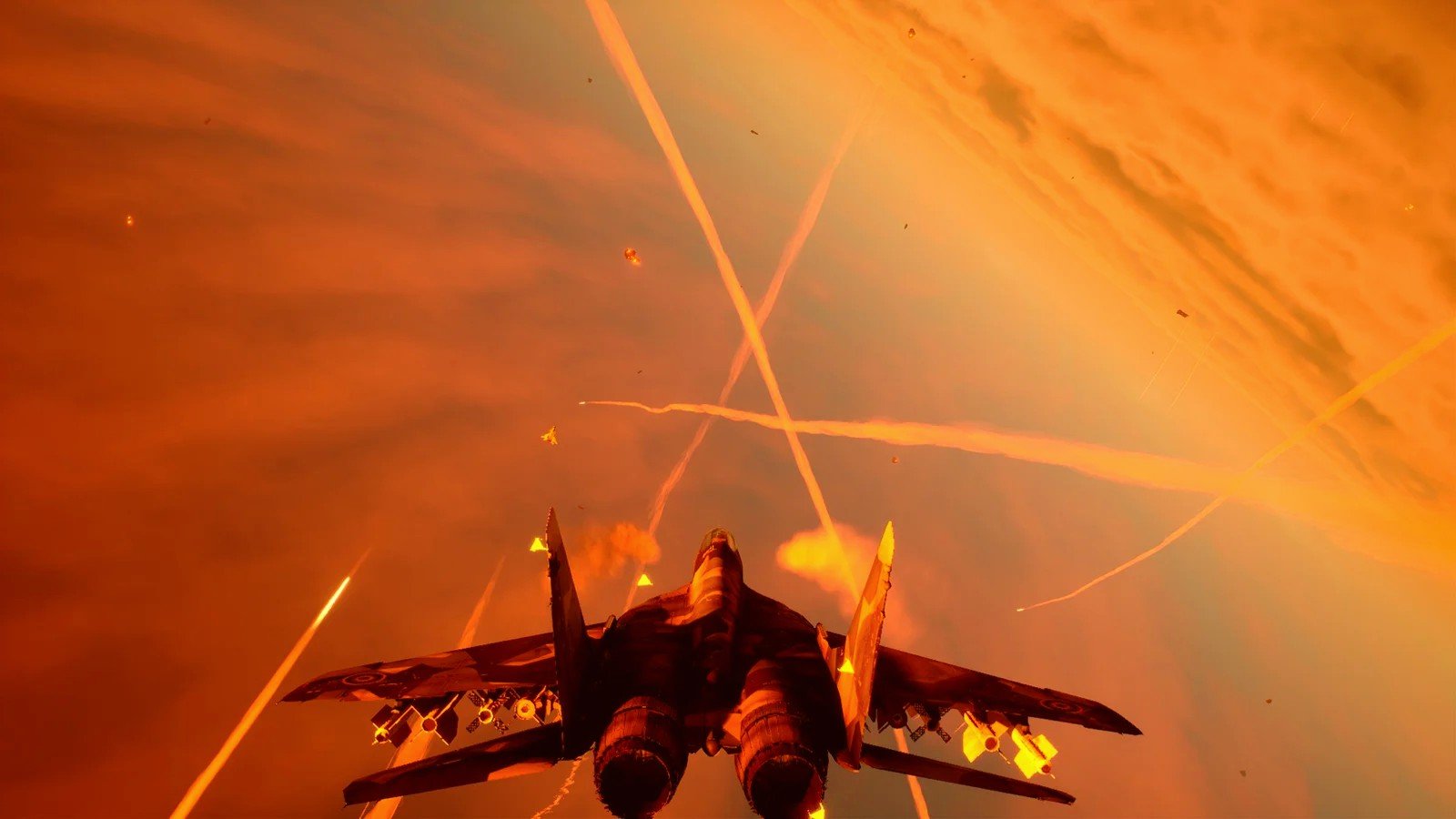 Gameplay screenshot of Project Wingman showing a fighter jet maneuvering through an intense orange sky filled with heavy missile trails, glowing combustion effects, and overwhelming visual filter saturation.