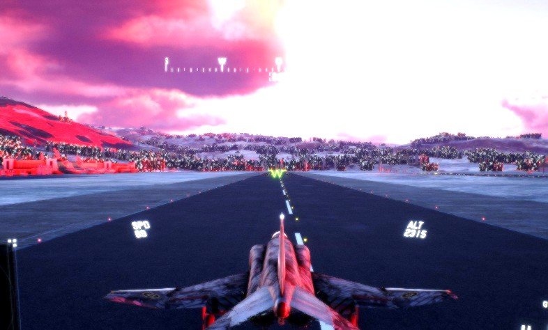 Project Wingman jet takeoff scene on an airfield runway, demonstrating floaty flight physics, light inertia feedback, and simplified controls.