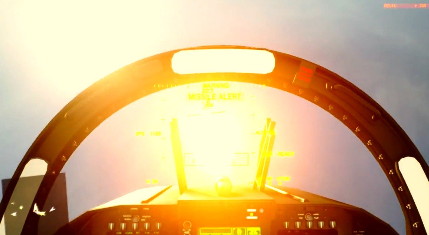 Project Wingman cockpit view screenshot showing extreme lens flare and overexposed glare obscuring HUD visibility and instrument panels.