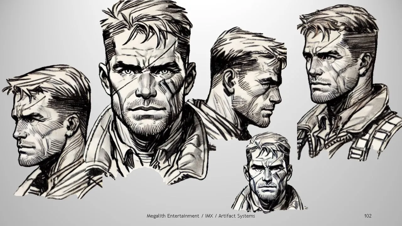 Black and white concept art sketches showing character model designs for Skyshaker, the lead protagonist pilot in Codename: Sky Shaker.