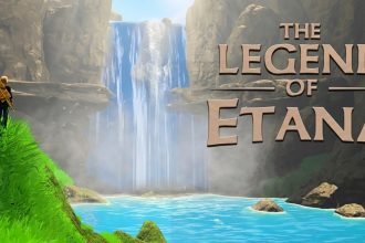 Promotional banner for the video game "The Legend of Etana" showing a lone adventurer overlooking a waterfall lagoon with the game logo on the right.