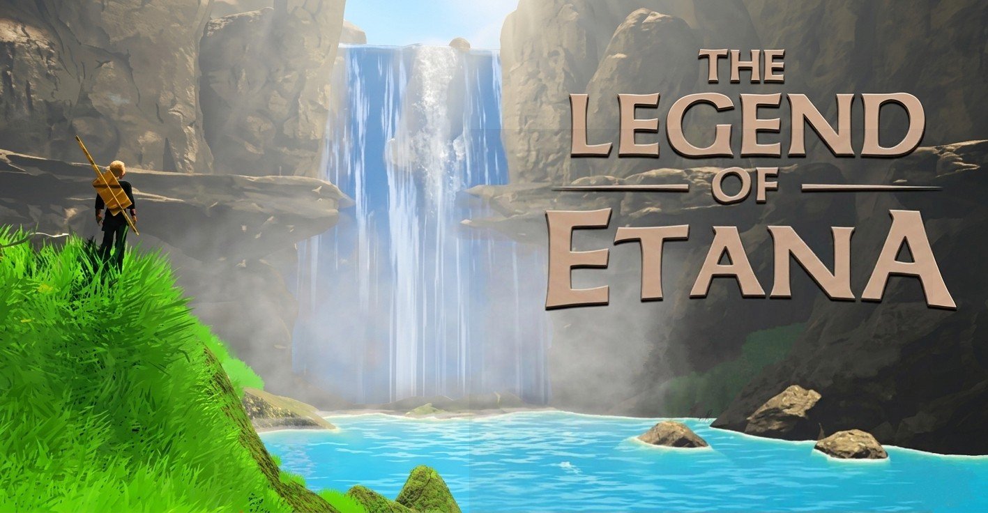 Promotional banner for the video game "The Legend of Etana" showing a lone adventurer overlooking a waterfall lagoon with the game logo on the right.