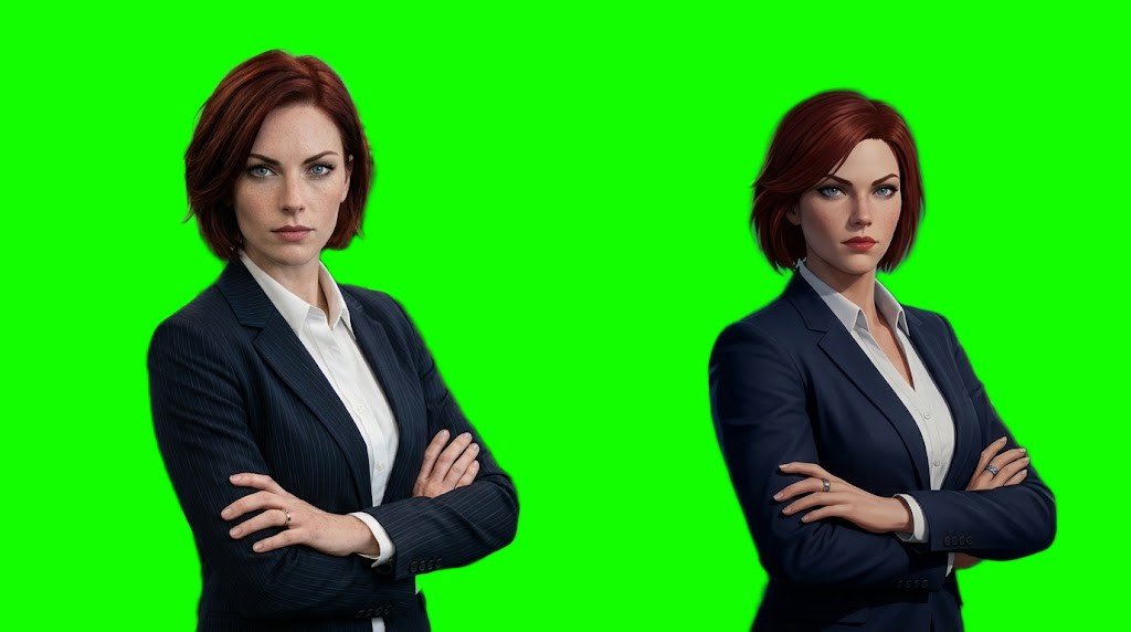 Side-by-side comparison of Lydia Harper, Philly PI's sharpest reporter. On the left, a realistic photograph of the red-haired woman in a pinstripe blazer with arms crossed. On the right, the in-game 3D digital render of the same character on a green screen.