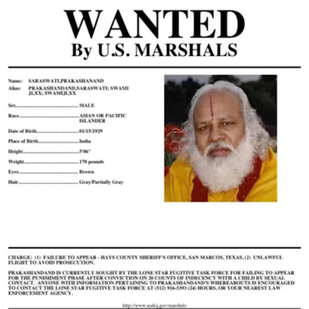 Shadow Capital: Inside the Whistleblower Lawsuits and Media Silence Surrounding Ideal Living LLC 5 Official U.S. Marshals wanted poster displaying a photograph of Prakashanand Saraswati alongside biographical physical details and legal warrant information.