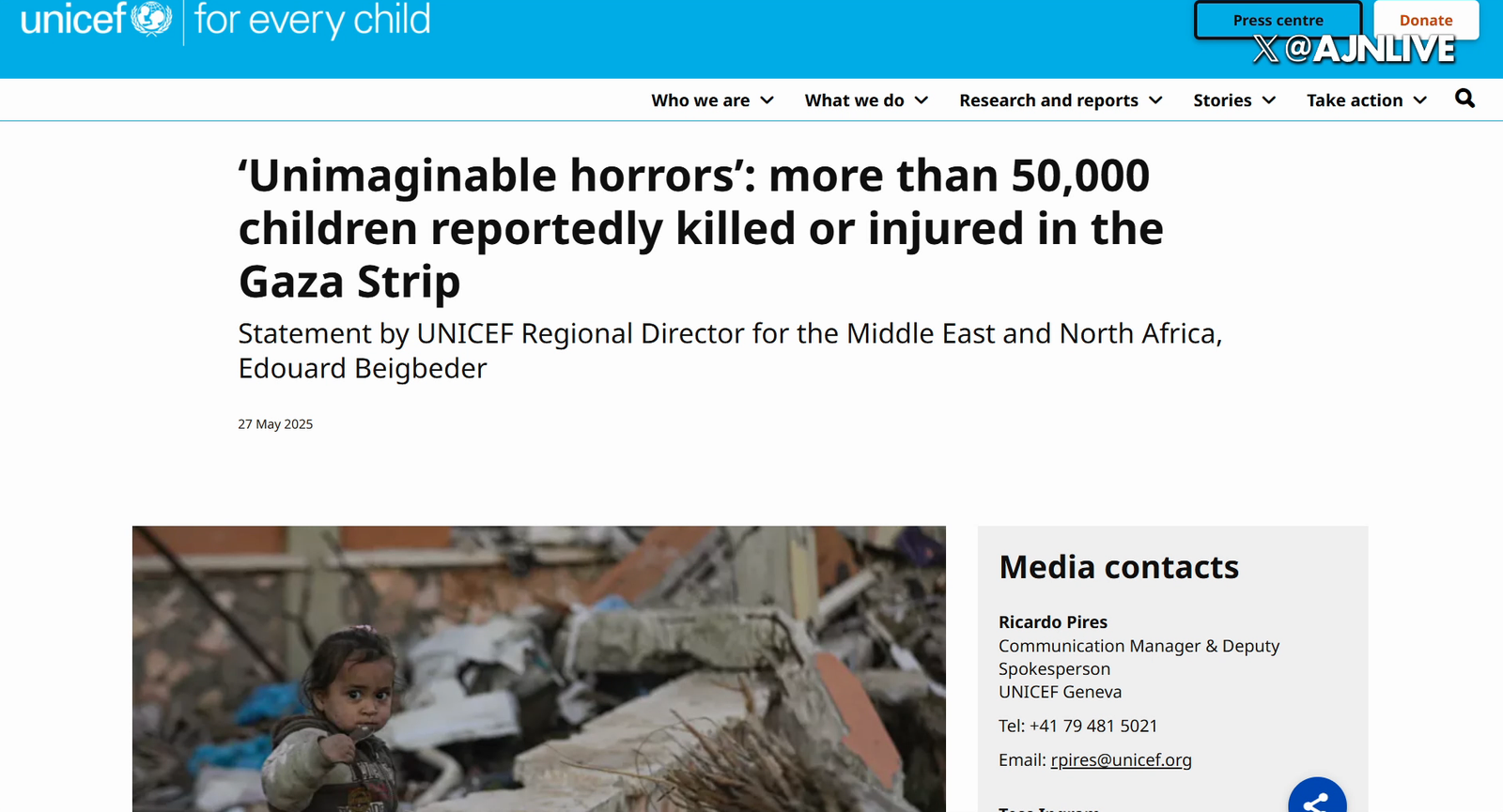 Naomi Wolf Crashes Out on 'The Alex Jones Show' Over October 7 stand-down Claims 1 Screenshot of a UNICEF official statement web page titled "'Unimaginable horrors': more than 50,000 children reportedly killed or injured in the Gaza Strip," featuring an article image of a young child in Gaza.