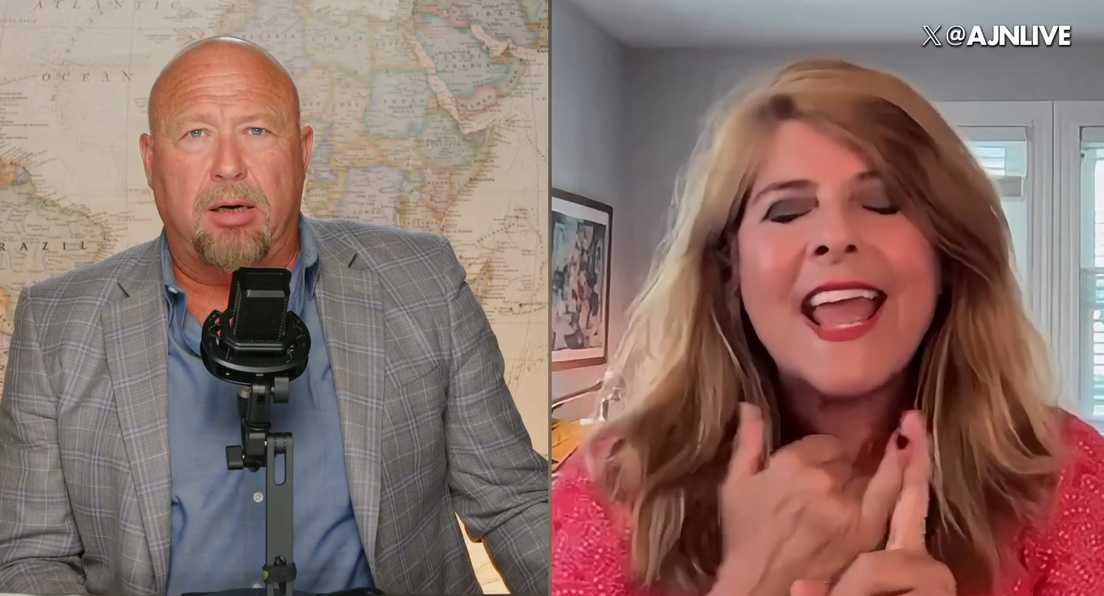 Naomi Wolf Crashes Out on 'The Alex Jones Show' Over October 7 stand-down Claims 2 Split-screen image of Alex Jones speaking into a microphone on the left and Naomi Wolf gesturing with her hands while speaking passionately on the right video panel.