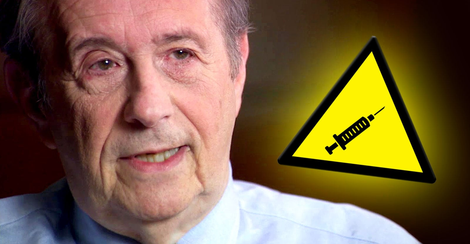 Dr. Stanley Plotkin portrait next to a yellow caution sign featuring a syringe icon