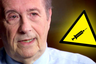 Dr. Stanley Plotkin portrait next to a yellow caution sign featuring a syringe icon