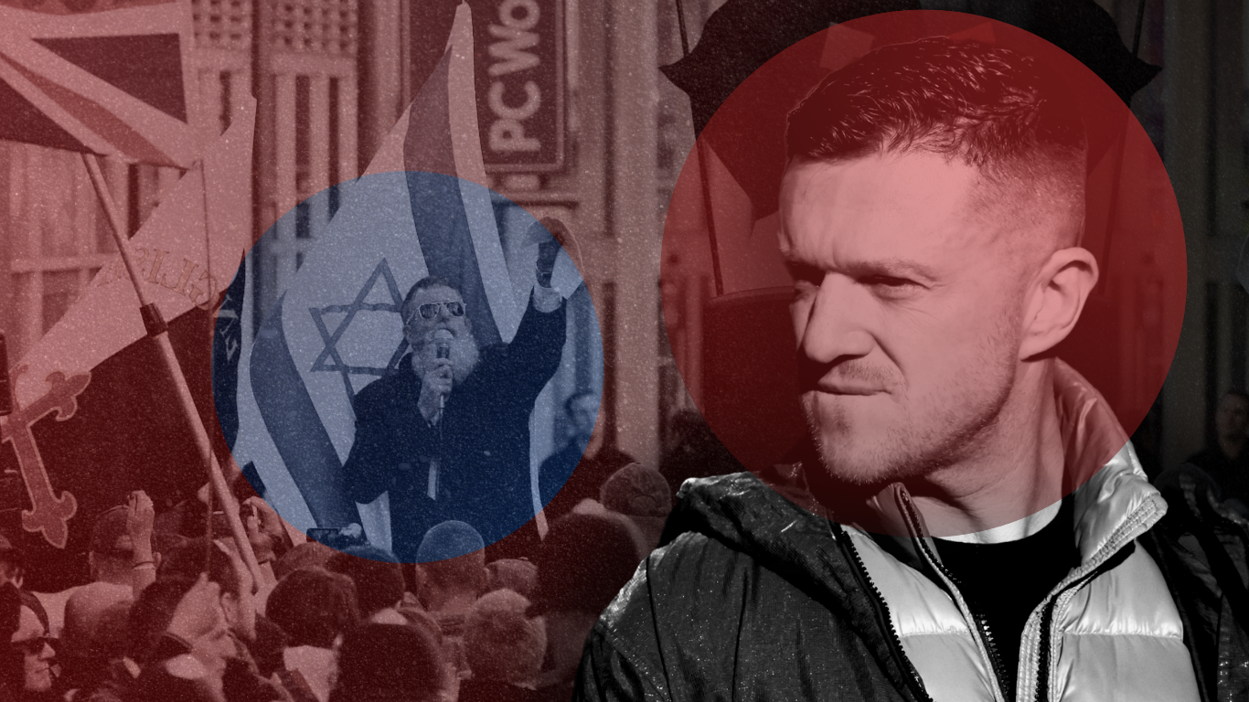 High-contrast photo of right-wing activist Tommy Robinson in the foreground with a street protest featuring an Israeli flag and crowds in the background.