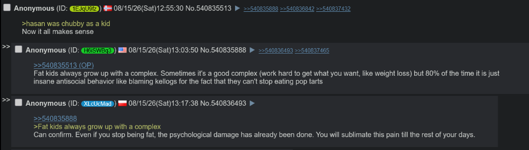Resurfaced Childhood Photo of Hasan Piker Triggers Online Debate Over Wealth and Authenticity 2 Screenshot of an anonymous online forum thread discussing Twitch streamer Hasan Piker's childhood weight and debating its psychological impact on adult behavior.