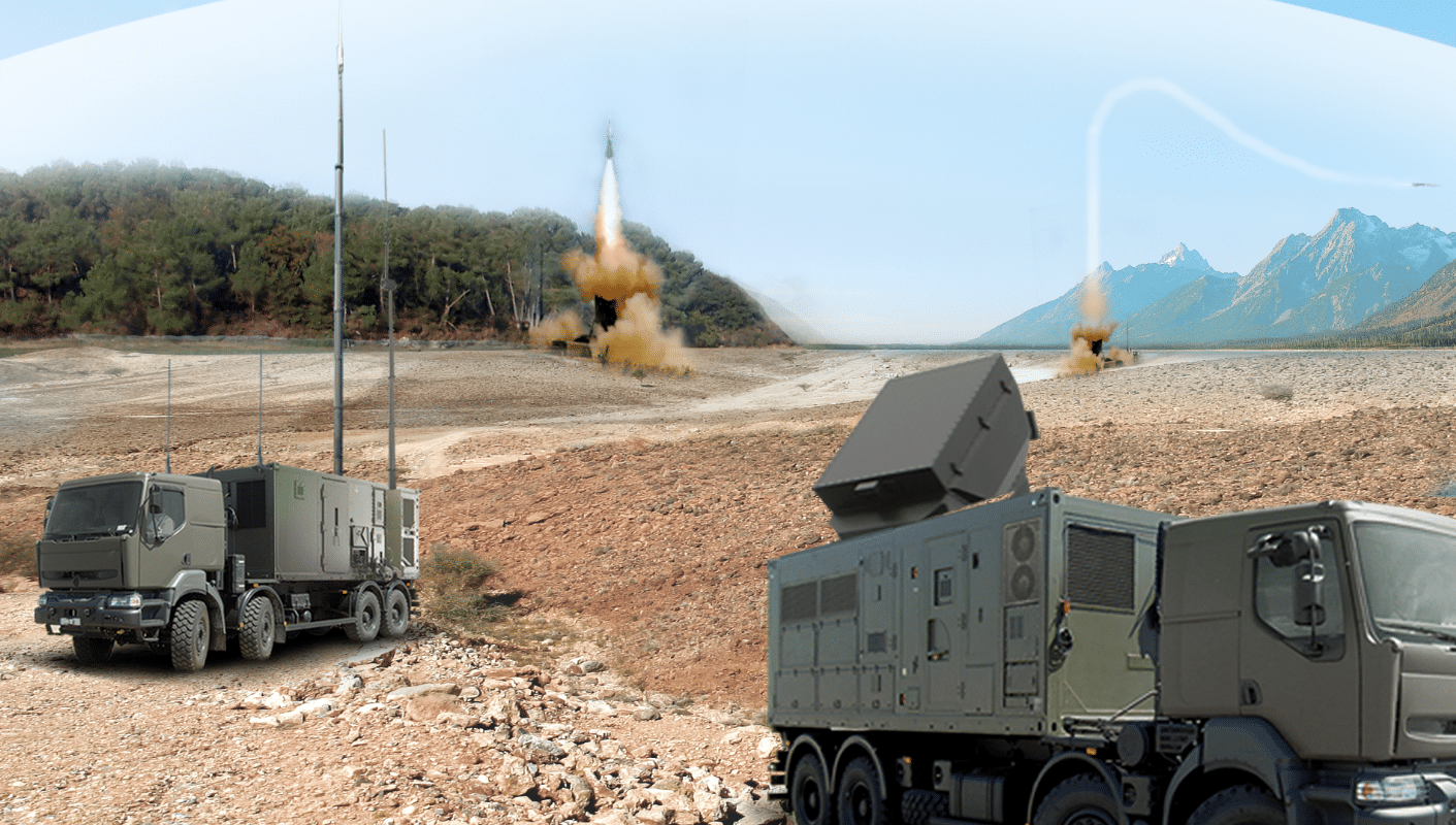 3D illustration of a Eurosam SAMP/T Aster 30 surface-to-air missile defense battery firing interceptors in a field