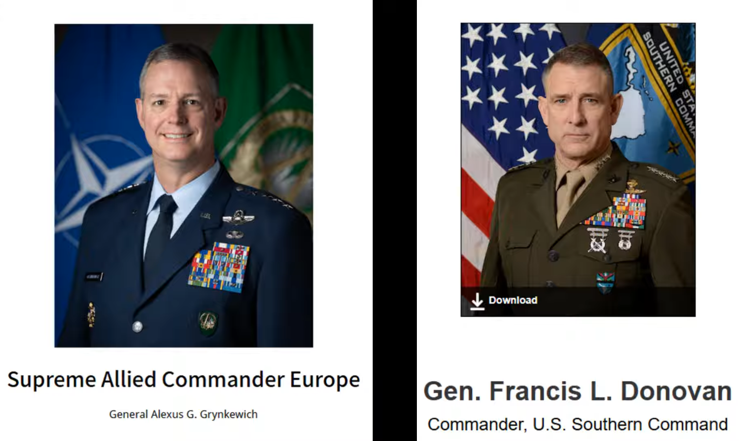 Official military portraits side-by-side featuring General Alexus G. Grynkewich, Supreme Allied Commander Europe, on the left and General Francis L. Donovan, Commander of U.S. Southern Command, on the right.
