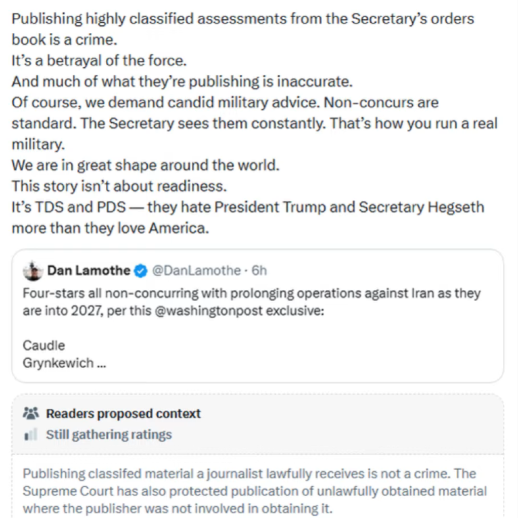 Screenshot of a social media post by Sean Parnell responding to Dan Lamothe's report on top military commanders non-concurring with prolonged Iran operations, featuring a Community Note below.