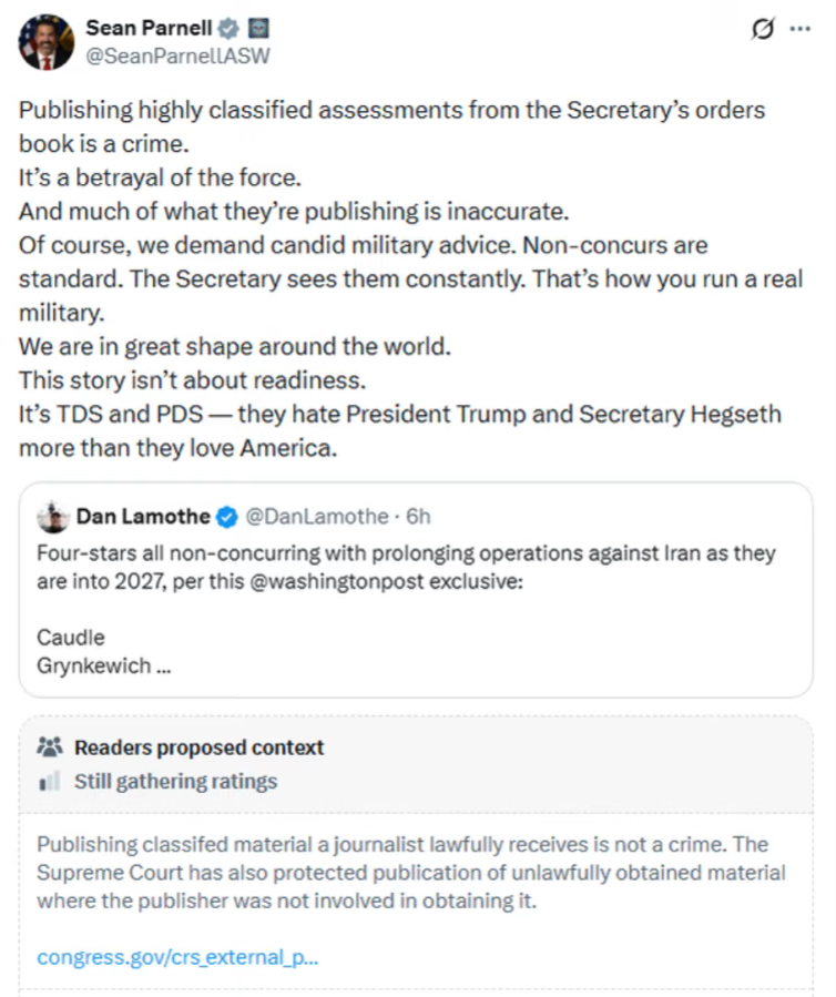 Screenshot of a social media post by Sean Parnell responding to Dan Lamothe's report on top military commanders non-concurring with prolonged Iran operations, featuring a Community Note below.