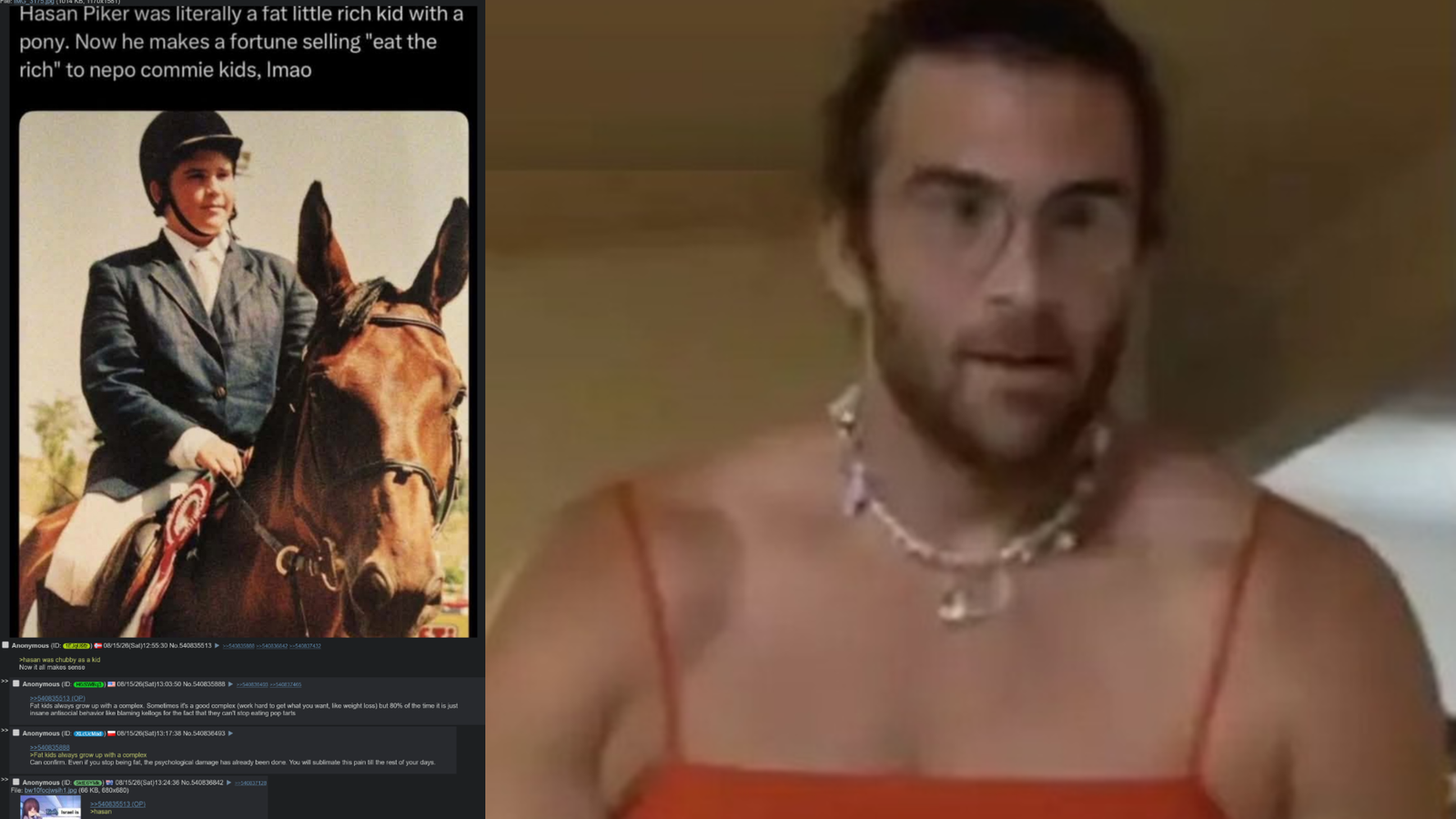 Resurfaced Childhood Photo of Hasan Piker Triggers Online Debate Over Wealth and Authenticity 4 Split image featuring an online thread about Hasan Piker's childhood equestrian photo on the left, next to a modern screenshot of streamer Hasan Piker wearing glasses, a beaded necklace, and a thin-strapped top on the right.