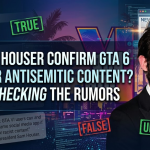 A composite featured article image questioning if Rockstar's Sam Houser confirmed GTA 6 bans for antisemitic content. The image includes a portrait of Houser, a stylized 'GTA VI' logo, social media forum text fragments, and red, textured stamps reading 'FALSE' and 'UNVERIFIED'.