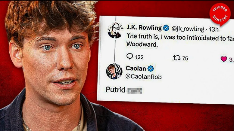 YouTube video thumbnail from TRIGGERnometry showing Caolan Robertson alongside a screenshot of a Twitter post exchange involving J.K. Rowling and Robertson.