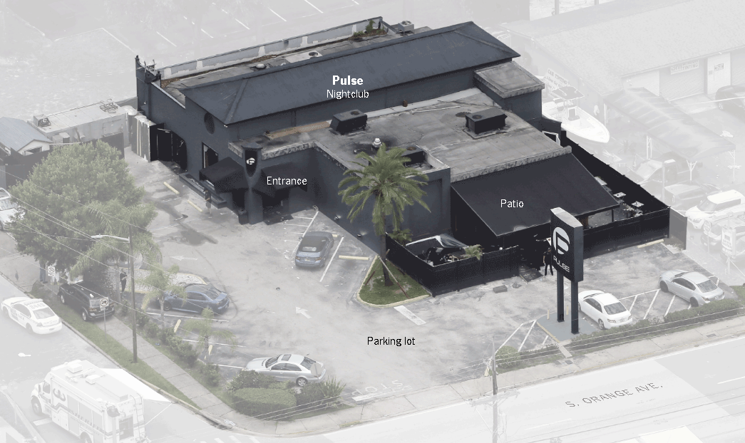 Aerial diagram of the Pulse Nightclub building in Orlando, Florida, showing labeled key areas including the Entrance, Patio, Parking Lot, and South Orange Avenue.