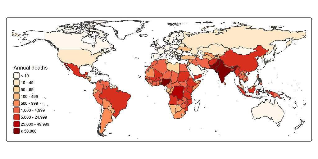 Map of the estimated global mortality of snake envenoming using the high estimate with higher mortality indicated in brighter red