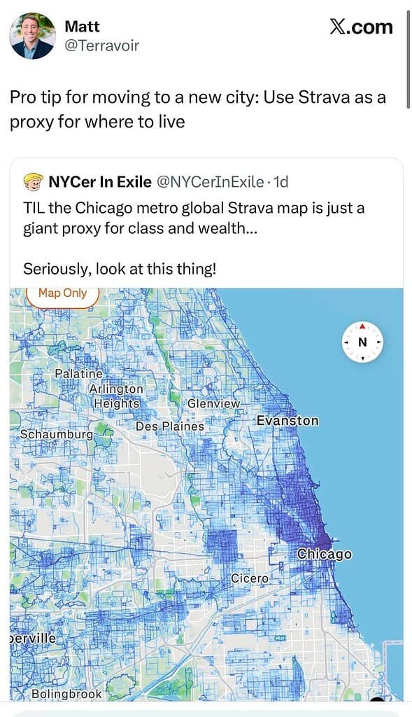 Screenshot of online post showing a map from Strava app and stating that the map can be used as a proxy for where to live