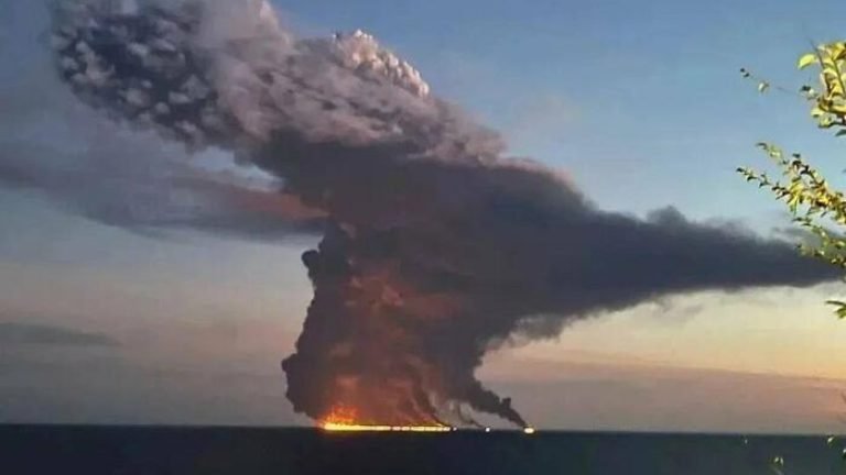 Massive Smoke Plume As Tanker Erupts In Flames, Spills Oil Off Russia's Sochi Coast