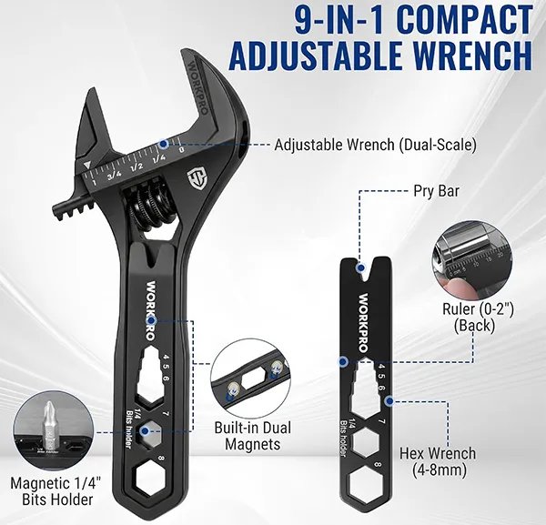Workpro EDC Adjustable Wrench with Removable Pry Bar in Black Features