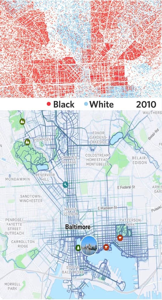 Strava heatmap of Baltimore compared with demographic map of the same area showing that runners took routes through the predominantly white populated areas.