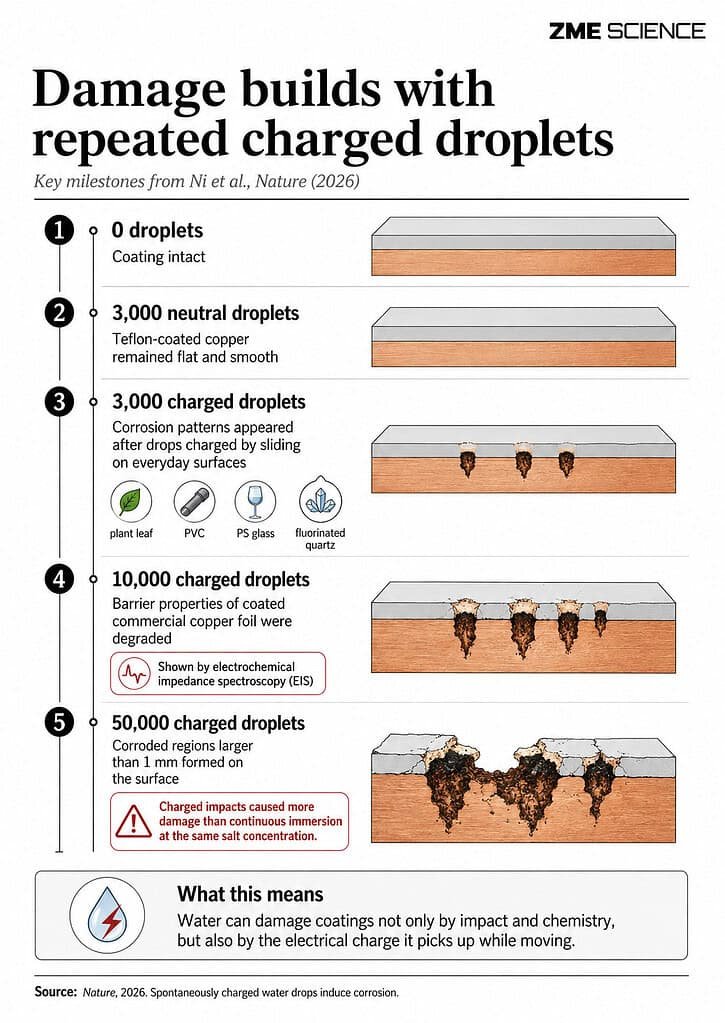 Infographic showing the increasing damage caused by charged droplets with repeated impacts