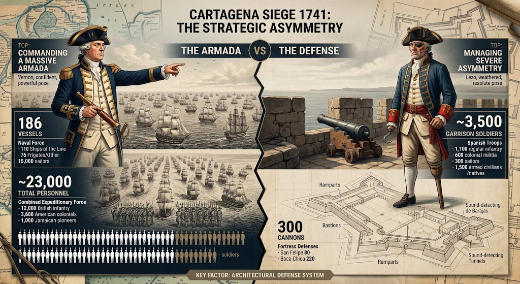 Historical comparison infographic of the 1741 Siege of Cartagena detailing the force asymmetry between British Admiral Edward Vernon's armada and Spanish Admiral Blas de Lezo's defense at Castillo San Felipe de Barajas.