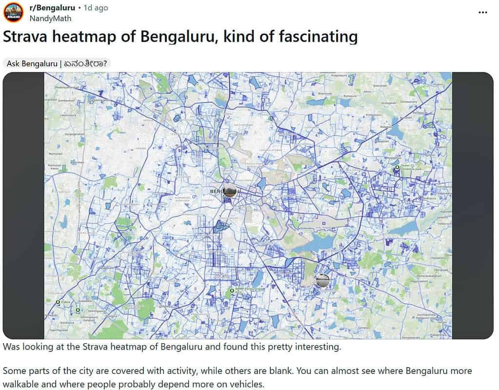 Online post Strava app map of Bengaluru with areas highlighted in blue and green